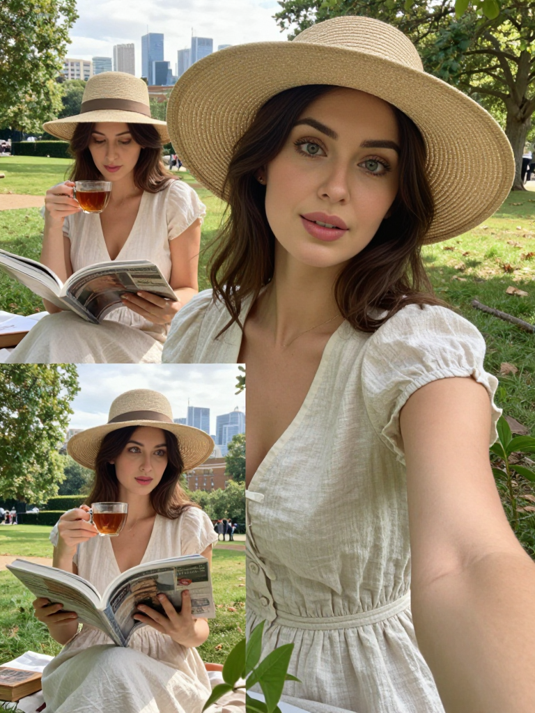 A woman in a wide-brimmed hat gazes at the city skyline, her expression contemplative.
