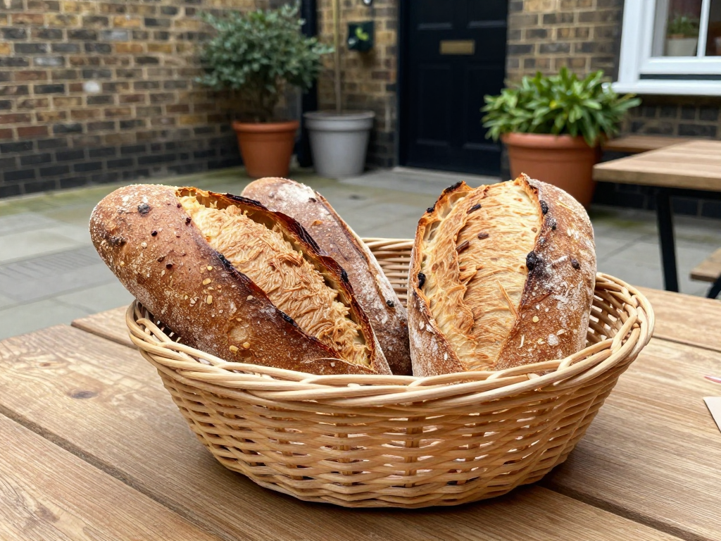 A basket of bread on a wooden table in a quiet courtyard