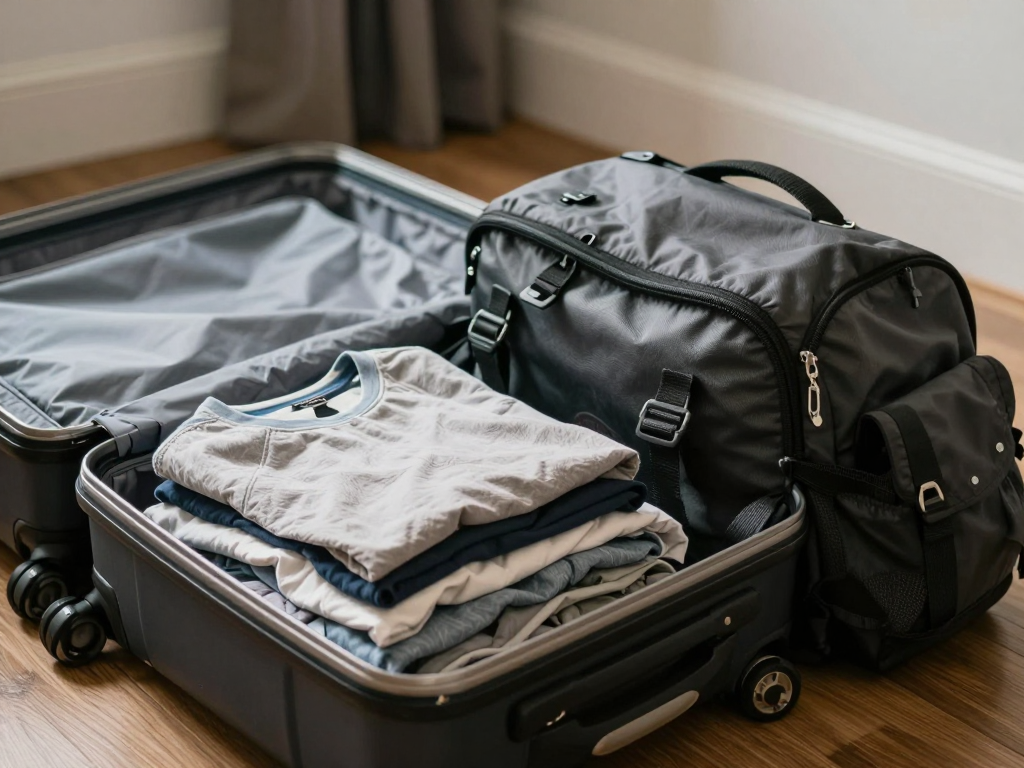 A close-up of folded clothes and a leather daypack on a wooden floor