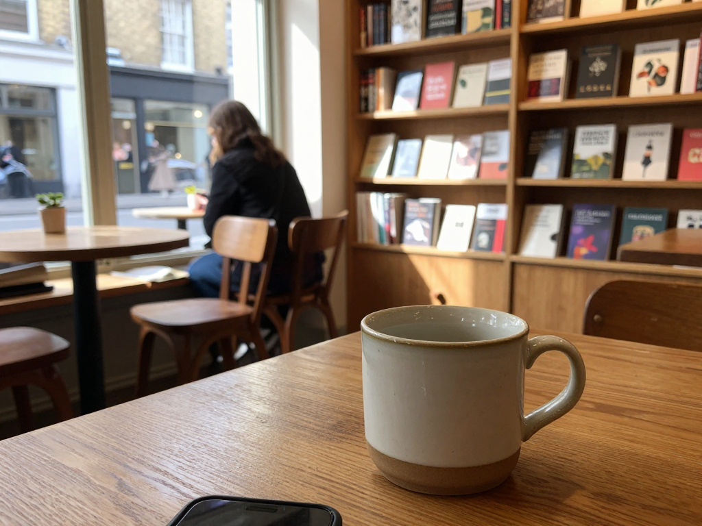 A display of books and a ceramic mug on a wooden table, surrounded by shelves