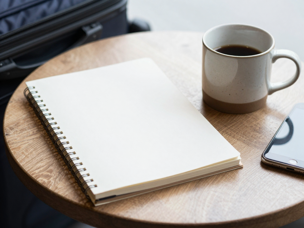 A close-up of a folded notebook and a ceramic mug with a coffee stain on the table