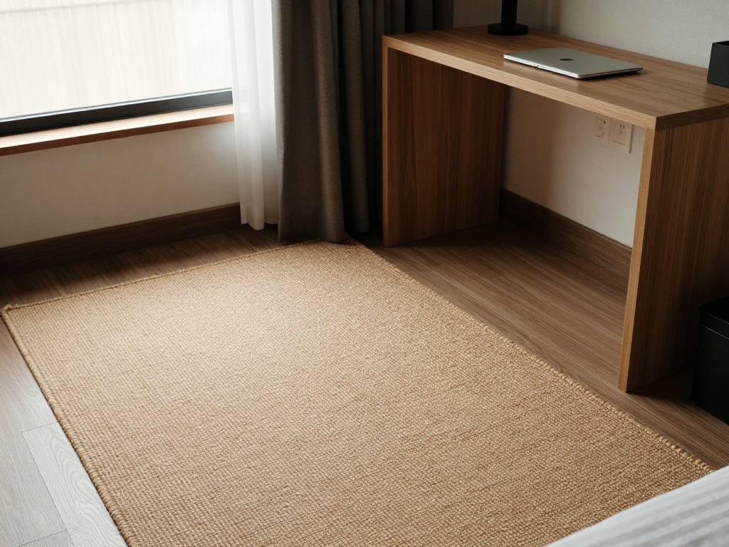 A textured floor rug in a hotel room, reflecting soft light