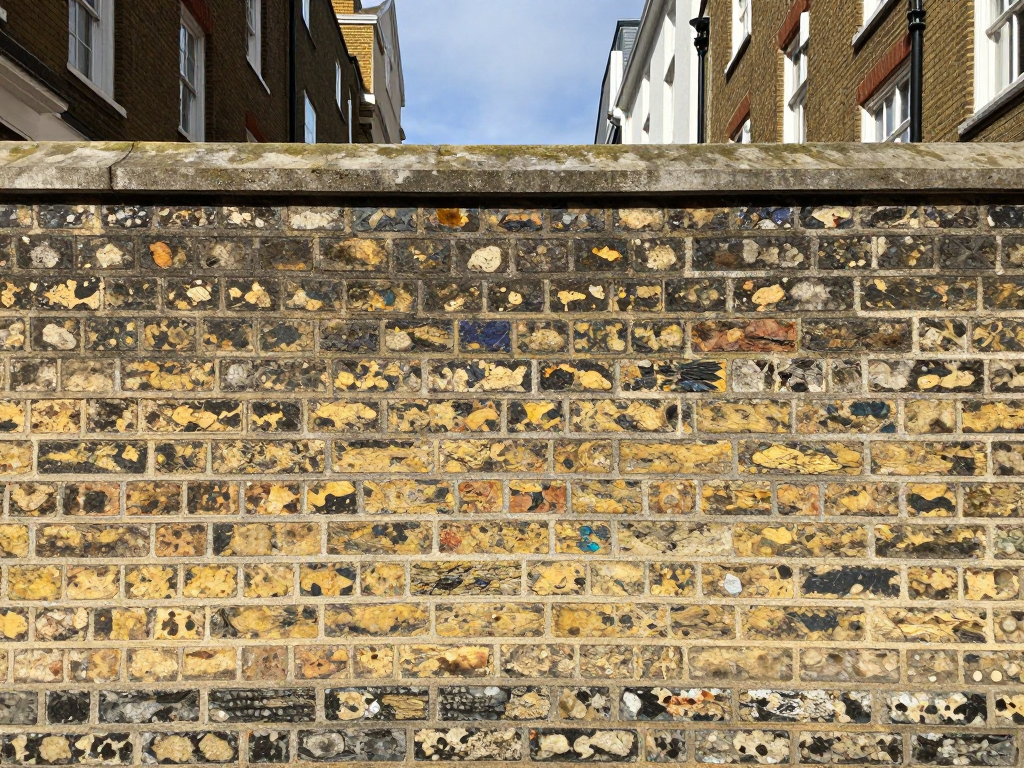 Close-up of a weathered brick wall with peeling paint