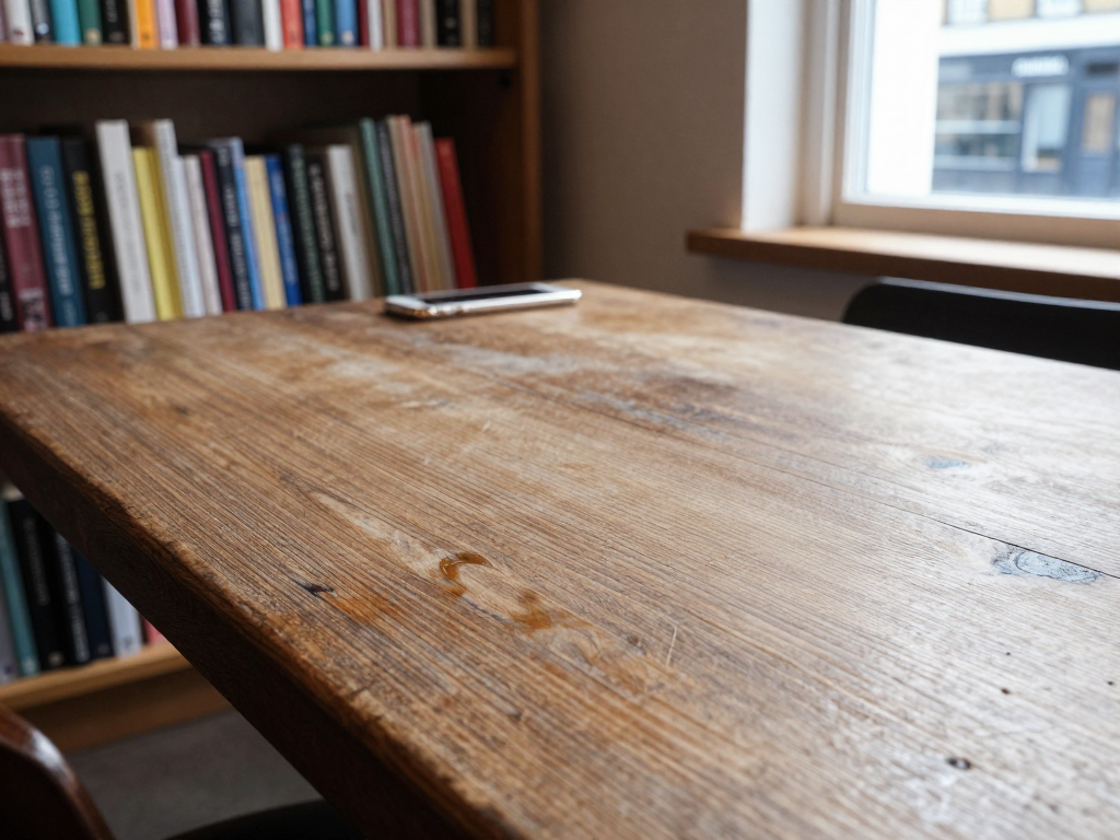 A close-up of a weathered wooden table with faint water rings
