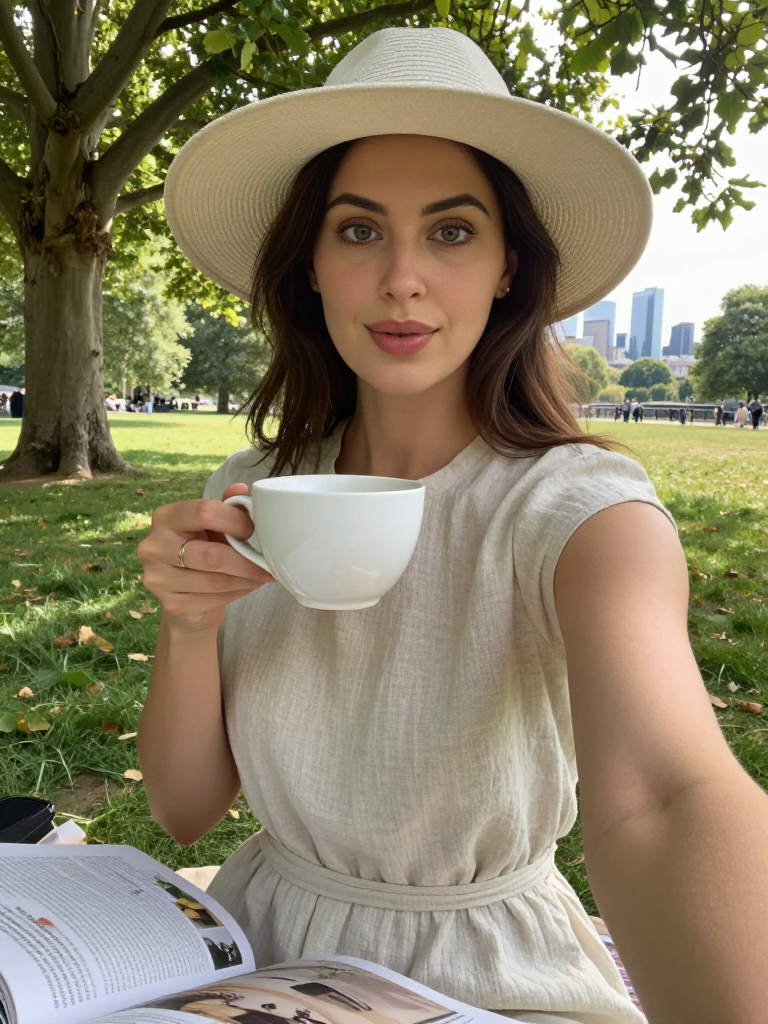 A woman in a light linen dress sits on a bench in a park, reading a magazine and sipping tea.