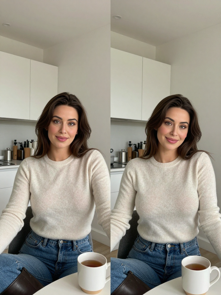 Lauren sitting at a kitchen table with a mug of tea, looking contemplative