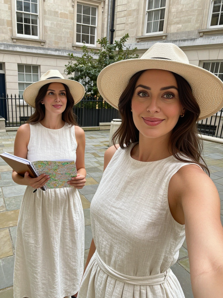 A young woman in a light linen dress and wide-brimmed hat sits on a bench in a leafy London courtyard, looking at a map.